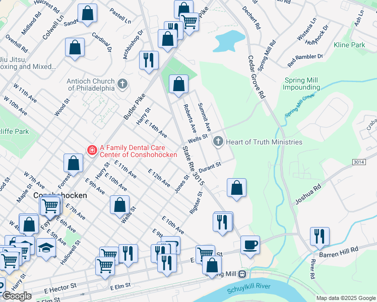 map of restaurants, bars, coffee shops, grocery stores, and more near 316 East North Lane in Conshohocken