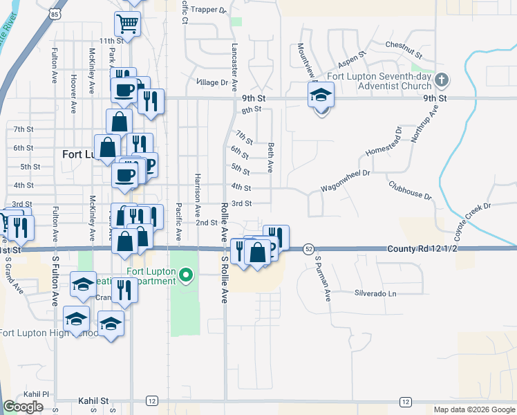map of restaurants, bars, coffee shops, grocery stores, and more near 208 Beth Avenue in Fort Lupton