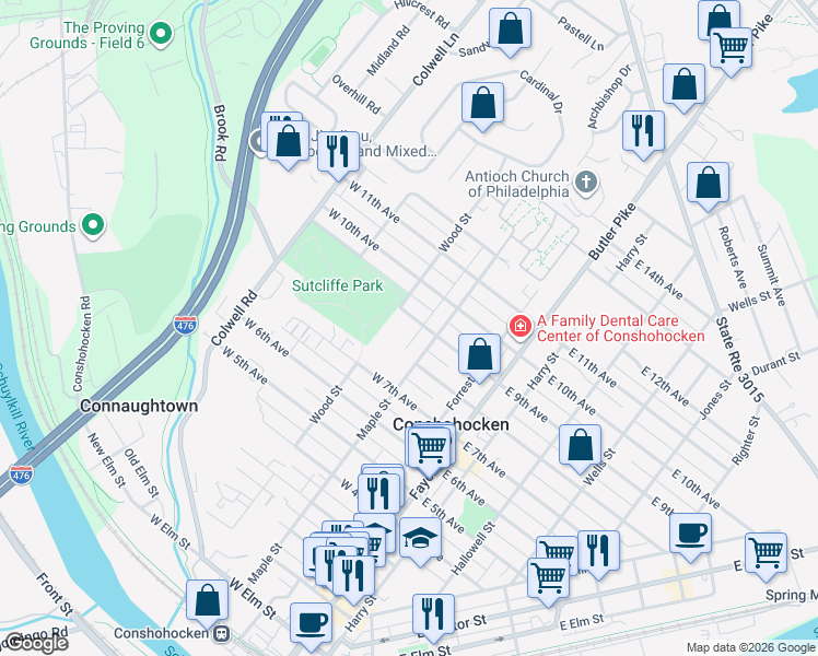 map of restaurants, bars, coffee shops, grocery stores, and more near 806 Maple Street in Conshohocken