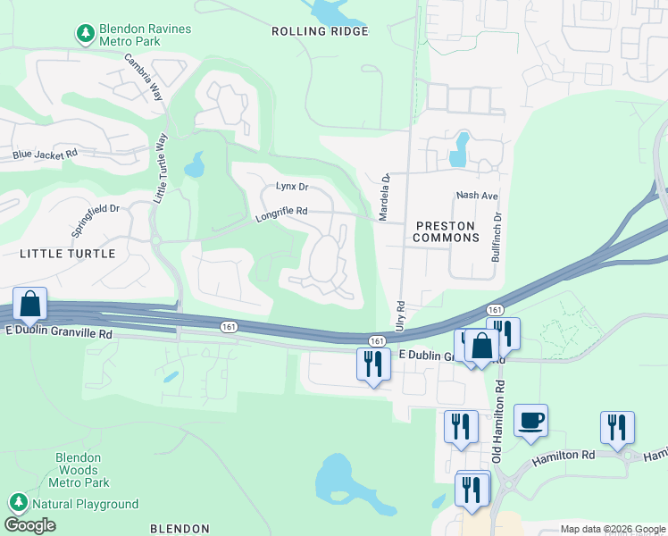 map of restaurants, bars, coffee shops, grocery stores, and more near 5167 Fairway Lakes Drive in Westerville