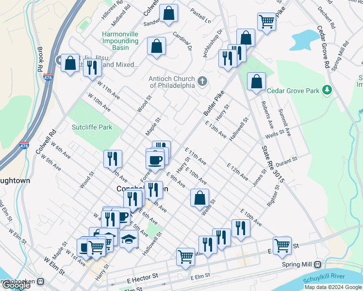 map of restaurants, bars, coffee shops, grocery stores, and more near 2 West 11th Avenue in Conshohocken