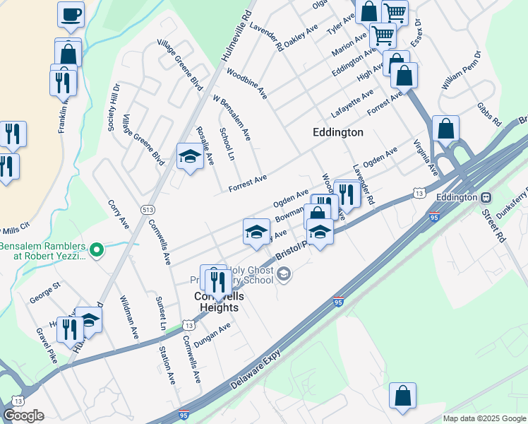 map of restaurants, bars, coffee shops, grocery stores, and more near 2475 Ogden Avenue in Bensalem