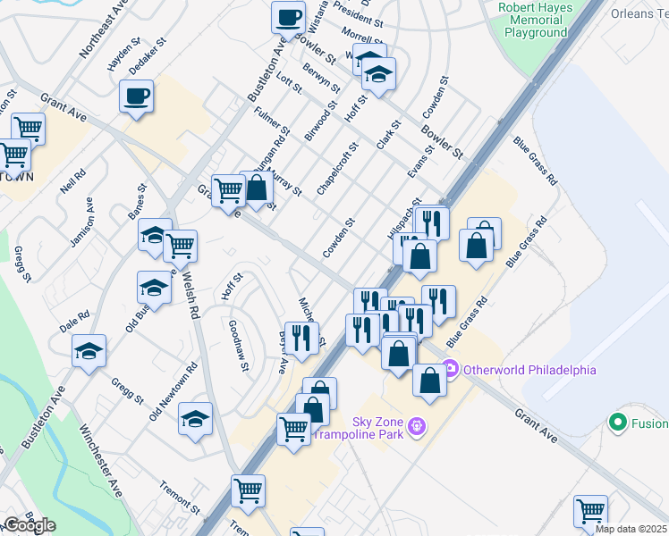 map of restaurants, bars, coffee shops, grocery stores, and more near 9420 Hilspach Street in Philadelphia
