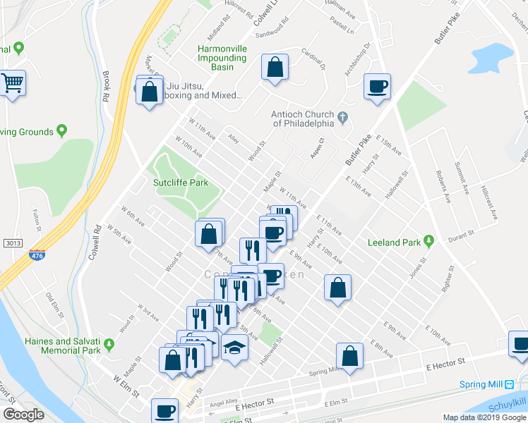 map of restaurants, bars, coffee shops, grocery stores, and more near 133 West 9th Avenue in Conshohocken