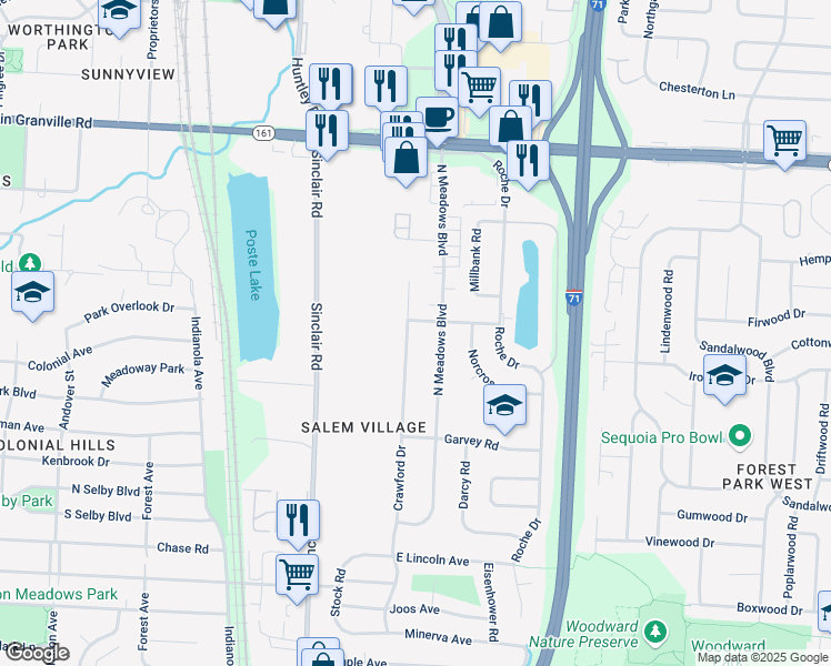 map of restaurants, bars, coffee shops, grocery stores, and more near 5643 North Meadows Boulevard in Columbus