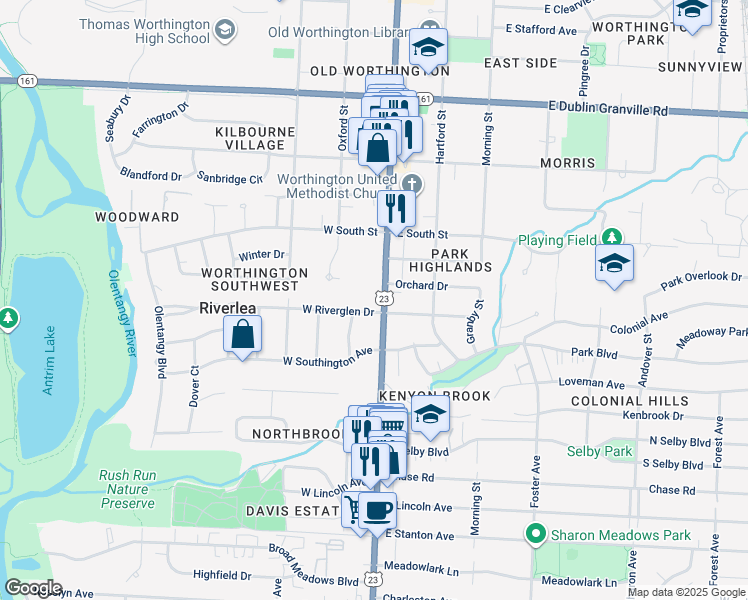 map of restaurants, bars, coffee shops, grocery stores, and more near 5811 North High Street in Columbus