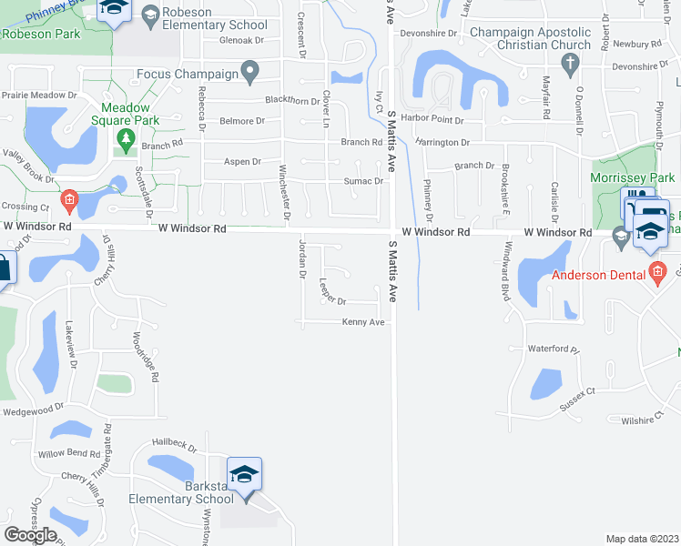 map of restaurants, bars, coffee shops, grocery stores, and more near 2507A Leeper Drive in Champaign