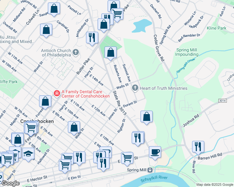 map of restaurants, bars, coffee shops, grocery stores, and more near 316 East North Lane in Conshohocken