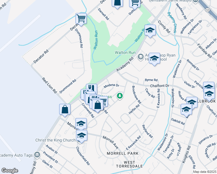map of restaurants, bars, coffee shops, grocery stores, and more near 10823 Modena Drive in Philadelphia