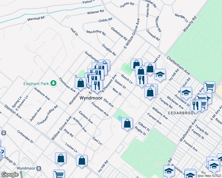 map of restaurants, bars, coffee shops, grocery stores, and more near 7820 New Street in Wyndmoor