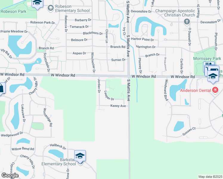 map of restaurants, bars, coffee shops, grocery stores, and more near 2507A Leeper Drive in Champaign
