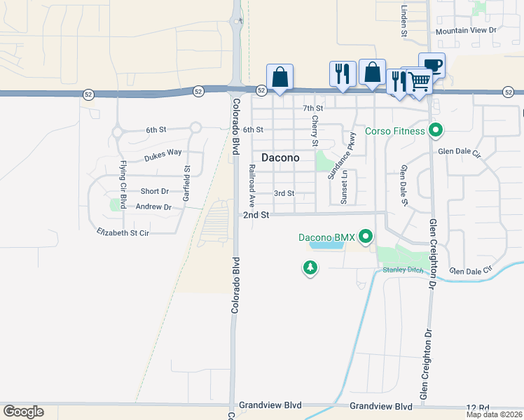 map of restaurants, bars, coffee shops, grocery stores, and more near 222 2nd Street in Dacono