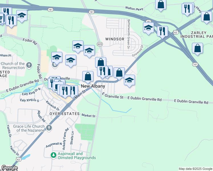 map of restaurants, bars, coffee shops, grocery stores, and more near 14 South High Street in New Albany