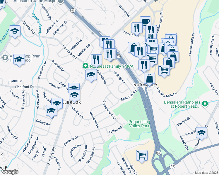 map of restaurants, bars, coffee shops, grocery stores, and more near 4205 Fairdale Road in Philadelphia