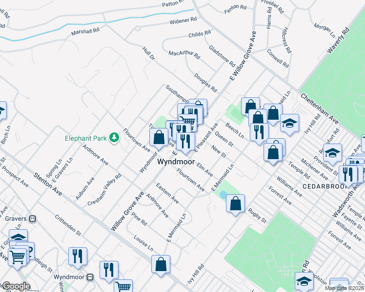 map of restaurants, bars, coffee shops, grocery stores, and more near 909 East Willow Grove Avenue in Wyndmoor