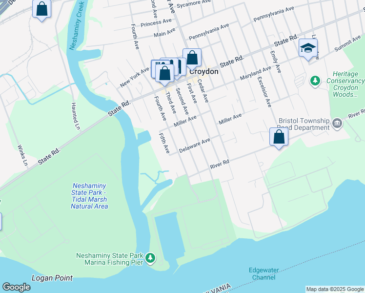 map of restaurants, bars, coffee shops, grocery stores, and more near 1022 Third Avenue in Croydon
