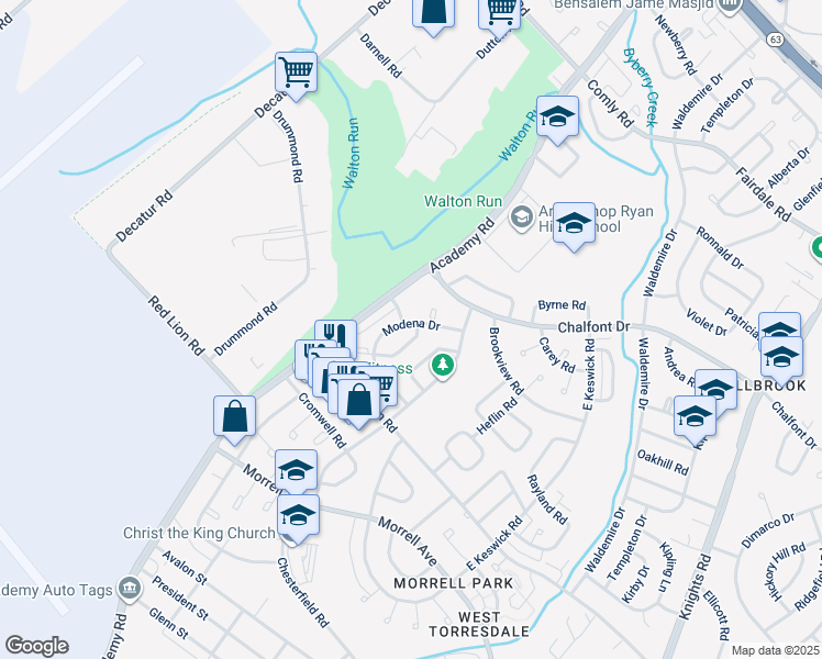 map of restaurants, bars, coffee shops, grocery stores, and more near 10840 Harrow Road in Philadelphia