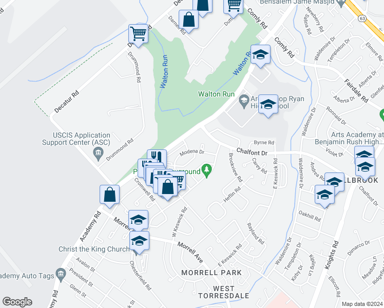 map of restaurants, bars, coffee shops, grocery stores, and more near 10840 Harrow Road in Philadelphia