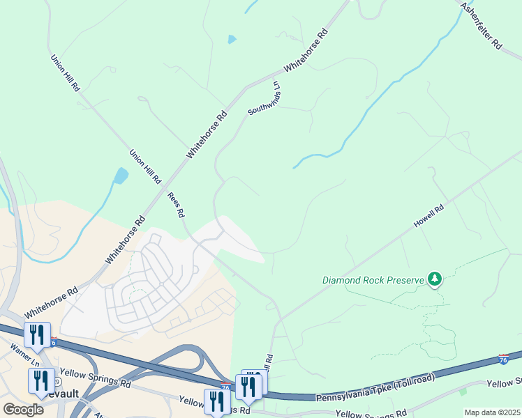 map of restaurants, bars, coffee shops, grocery stores, and more near 1 Great Woods Lane in Malvern