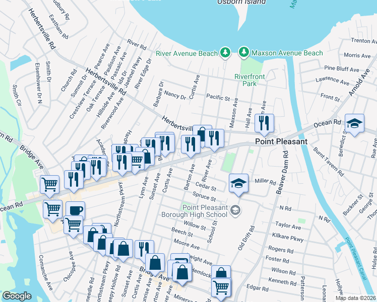 map of restaurants, bars, coffee shops, grocery stores, and more near 2604 Newark Avenue in Point Pleasant
