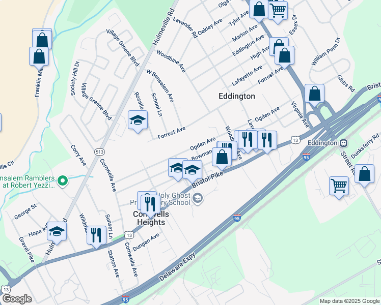 map of restaurants, bars, coffee shops, grocery stores, and more near 2475 Ogden Avenue in Bensalem