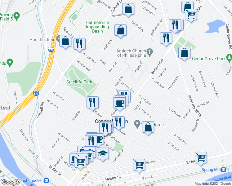 map of restaurants, bars, coffee shops, grocery stores, and more near 135 West 10th Avenue in Conshohocken