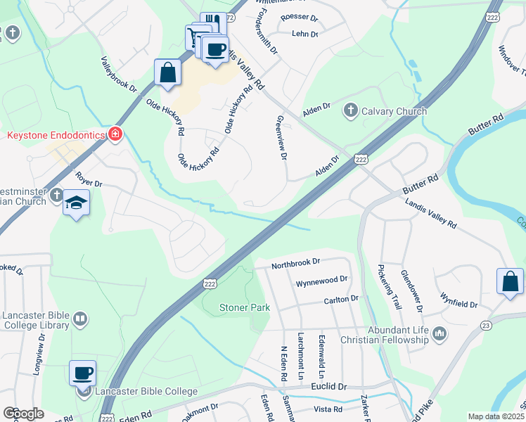 map of restaurants, bars, coffee shops, grocery stores, and more near 159 Greenview Drive in Lancaster