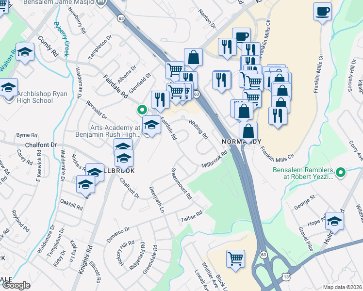 map of restaurants, bars, coffee shops, grocery stores, and more near 4100 Farmdale Road in Philadelphia