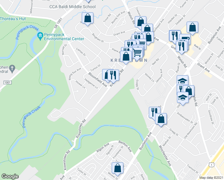 map of restaurants, bars, coffee shops, grocery stores, and more near 8900 Krewstown Road in Philadelphia