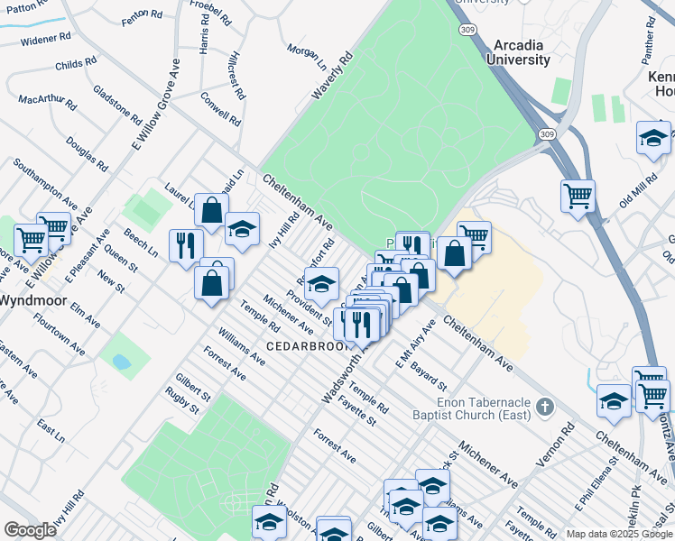 map of restaurants, bars, coffee shops, grocery stores, and more near 1615 Roumfort Road in Philadelphia