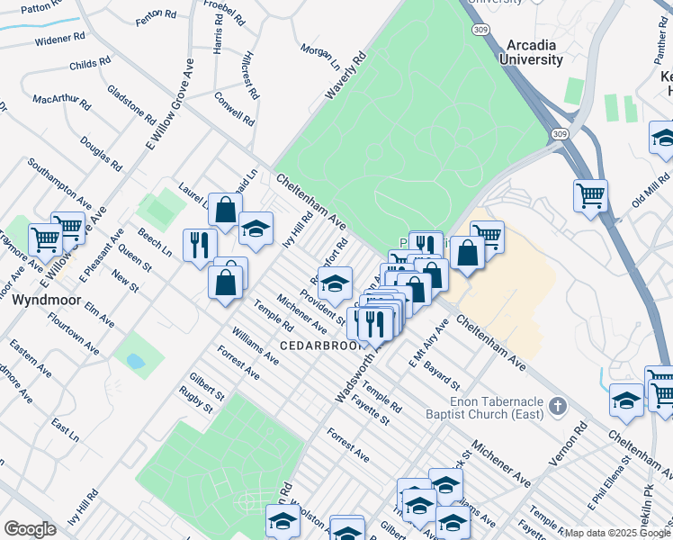 map of restaurants, bars, coffee shops, grocery stores, and more near 1615 Roumfort Road in Philadelphia
