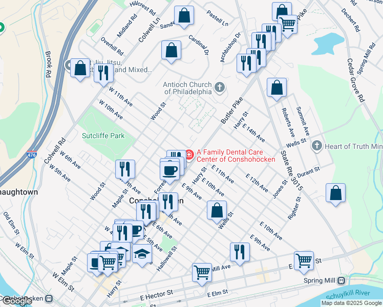 map of restaurants, bars, coffee shops, grocery stores, and more near 1148 Forrest Street in Conshohocken