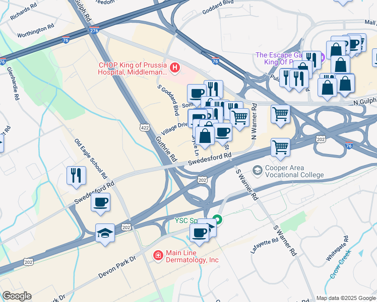 map of restaurants, bars, coffee shops, grocery stores, and more near 101 Bryce Lane in King of Prussia