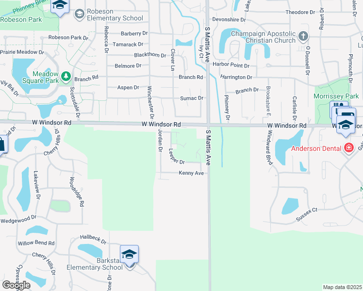 map of restaurants, bars, coffee shops, grocery stores, and more near 1801 Windsor Road in Champaign