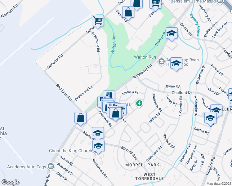 map of restaurants, bars, coffee shops, grocery stores, and more near 10833 Academy Road in Philadelphia