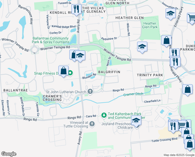 map of restaurants, bars, coffee shops, grocery stores, and more near 6138 Parkview Crossing in Dublin