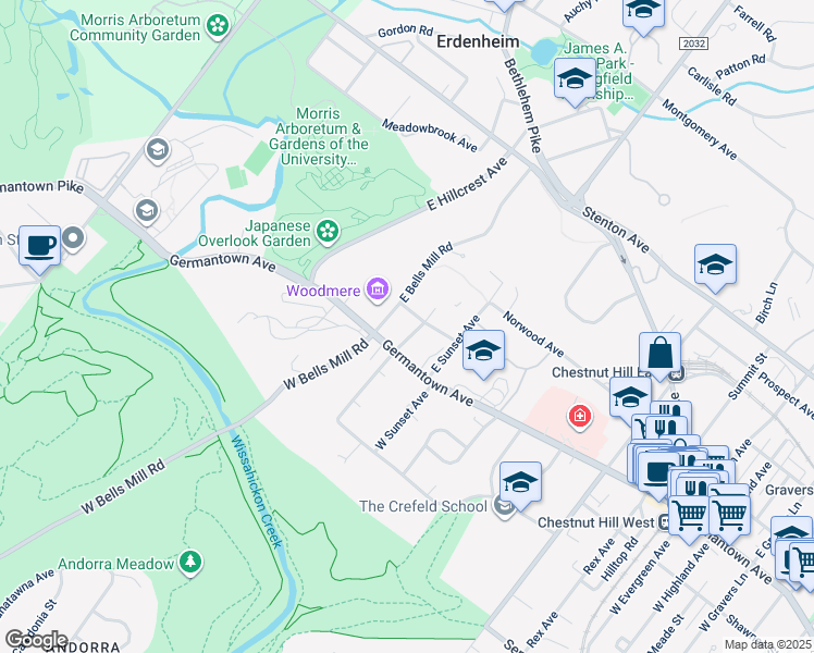 map of restaurants, bars, coffee shops, grocery stores, and more near 15 East Hampton Road in Philadelphia