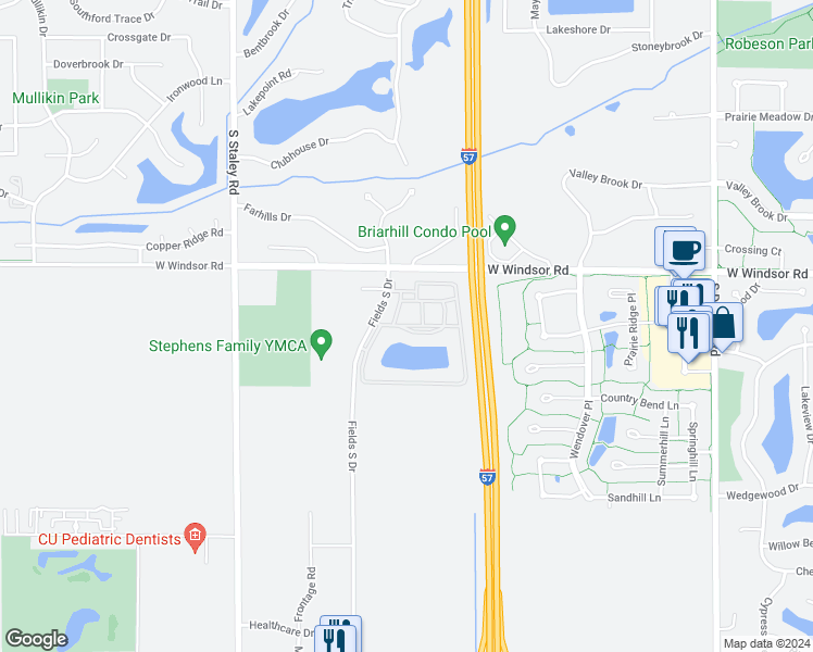 map of restaurants, bars, coffee shops, grocery stores, and more near 2416 Fields South Drive in Champaign