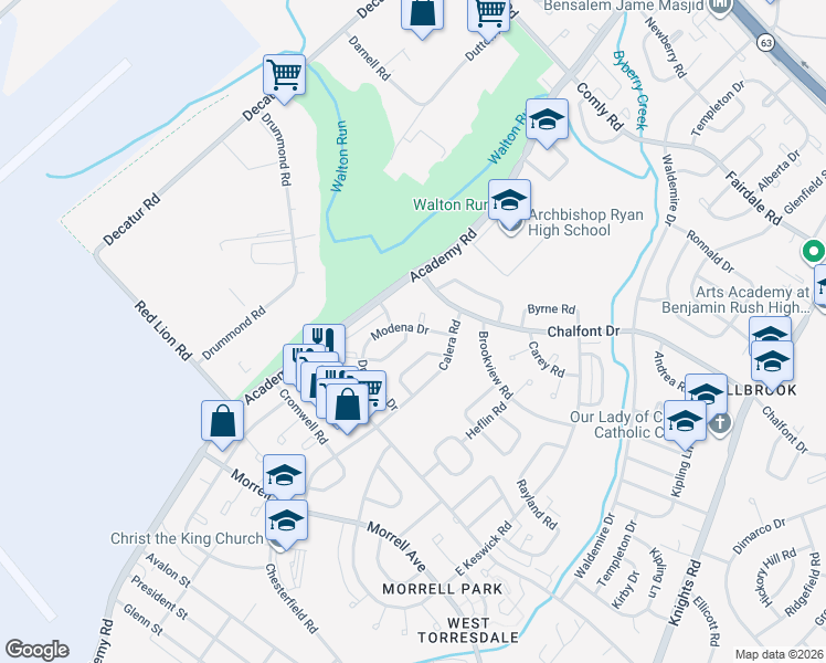 map of restaurants, bars, coffee shops, grocery stores, and more near 3409 Amity Road in Philadelphia