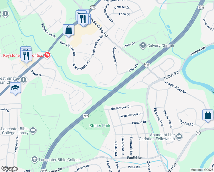 map of restaurants, bars, coffee shops, grocery stores, and more near 159 Greenview Drive in Lancaster