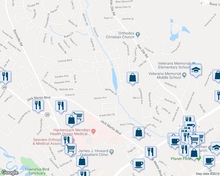 map of restaurants, bars, coffee shops, grocery stores, and more near 56 Whitman Street in Brick