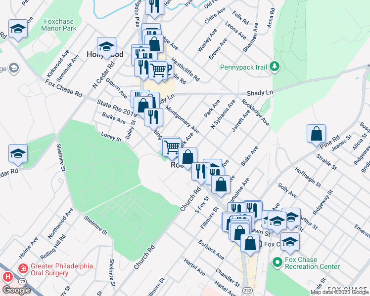 map of restaurants, bars, coffee shops, grocery stores, and more near 20 Park Avenue in Rockledge