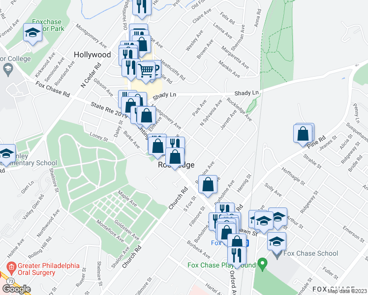 map of restaurants, bars, coffee shops, grocery stores, and more near 38 North Sylvania Avenue in Rockledge