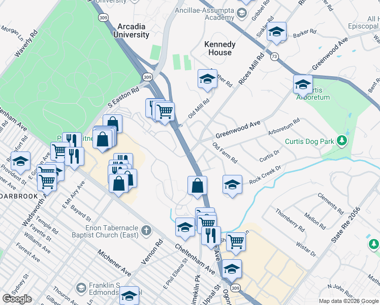 map of restaurants, bars, coffee shops, grocery stores, and more near Limekiln Pike & Greenwood Ave in Montgomery