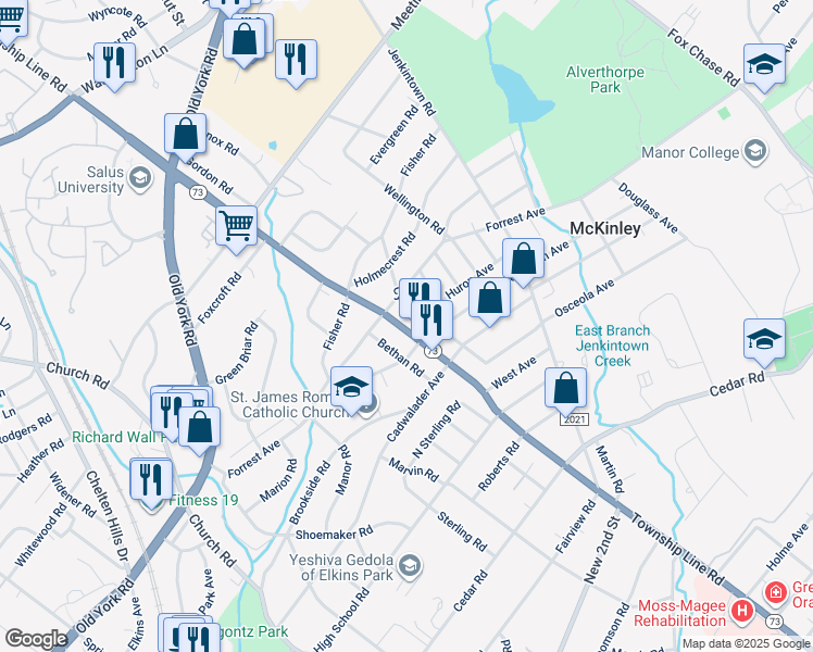 map of restaurants, bars, coffee shops, grocery stores, and more near 951 Township Line Road in Elkins Park