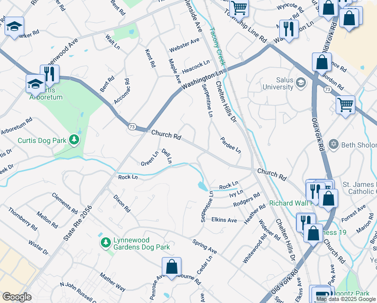 map of restaurants, bars, coffee shops, grocery stores, and more near 904 Church Road in Wyncote