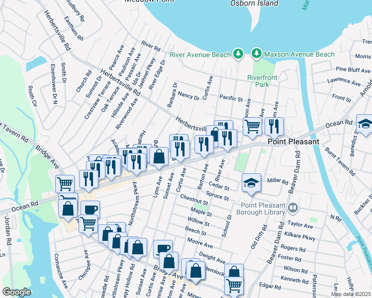 map of restaurants, bars, coffee shops, grocery stores, and more near 519 Curtis Avenue in Point Pleasant