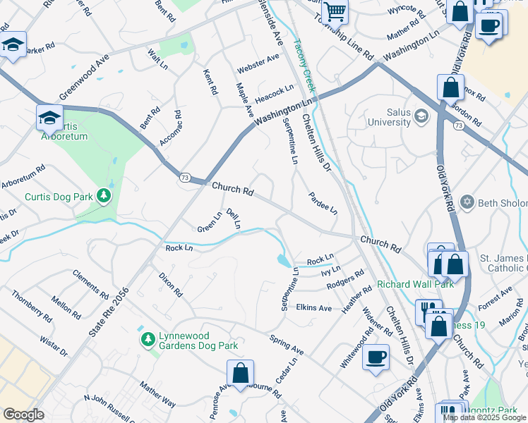 map of restaurants, bars, coffee shops, grocery stores, and more near 904 Church Road in Wyncote