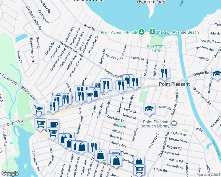 map of restaurants, bars, coffee shops, grocery stores, and more near 519 Curtis Avenue in Point Pleasant