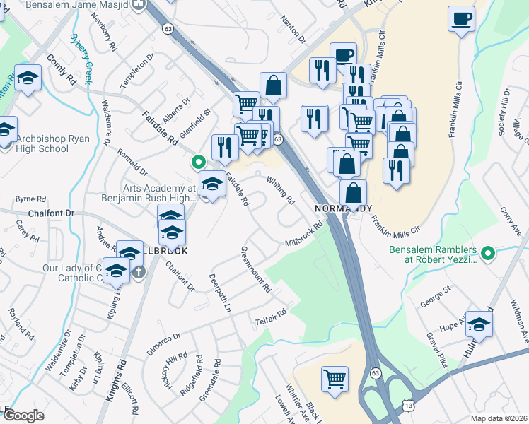 map of restaurants, bars, coffee shops, grocery stores, and more near 4100 Farmdale Road in Philadelphia